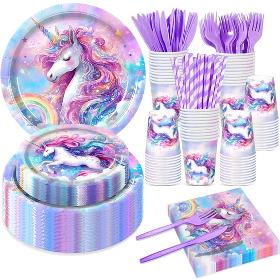 168PCS Unicorn Party Supplies Set for 24 Guests, Magical Unicorn Plates, Cups, Napkins, Straws, and Cutlery, Disposable Tableware Set for Birthday, Baby Shower, and Girls Party Decorations Y114