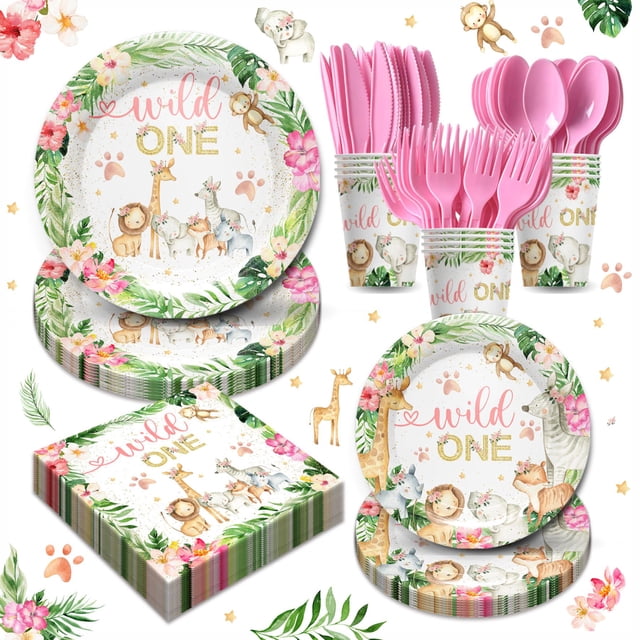 168PCS Wild One Safari Birthday Party Supplies, Pink and Green Jungle ...