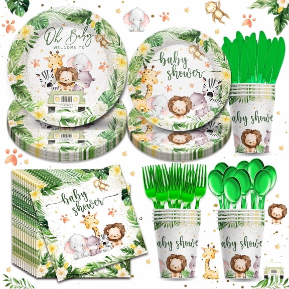 168PPcs Safari Birthday Supplies Tableware Set - Safari Jungle Baby Shower Party Decorations Include Plates, Cups, Napkins, Tableware, Wild Birthday Baby Shower Decorations | 24 Guests