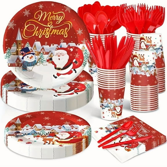 168Pcs, Christmas Party Tableware Set, Santa Snowman Christmas Party Decorations Disposable Paper Plates and Napkins, Winter Birthday Day Party Supplies Dinnerware, for 24 Guest Halloween&Christmas