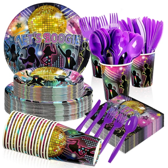 168Pcs Disco Party Decorations 70s Let's Boogie Theme Plates and Napkins Cups Forks Tableware Sets for Back to 60s 70s 80s 90s Let's Boogie Disco Dancing Night Birthday Party Supplies Serves 24 Y101