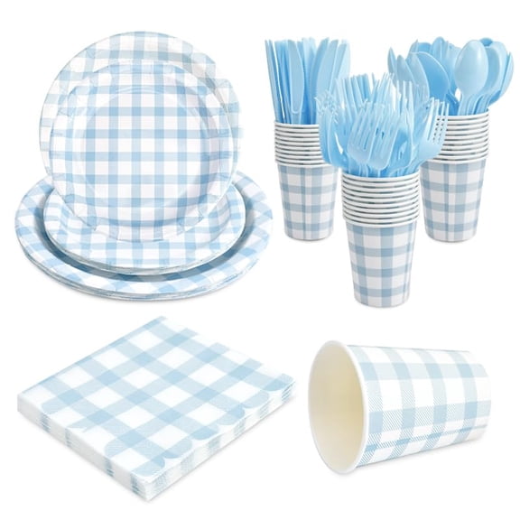 168Pcs Gingham Party Supplies for 24 AFN1Guests Thick Paper Plates and Napkins Knives Spoons Forks Cups Disposable Party Set Cutlery for Dinner Baby Shower Wedding Favor(Blue)