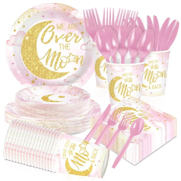 168Pcs We are Over The Moon Party Decorations Pink Star Night Galaxy Plates Napkins Cups Forks Knives Spoons Moon and Stars Tableware Set for Kids Baby Shower Birthday Party Supplies Serves 24 Y101