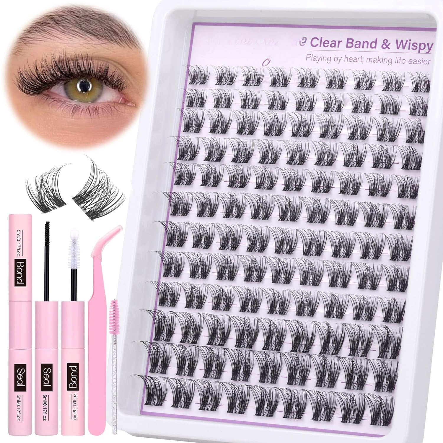 168Pcs  Natural Eyelash Clusters 11-13mm Lash Extension Kit C Curl Eyelash Extension Invisible Eyelashes with Lash Bond and Seal Glue and Tweezers DIY At Home
