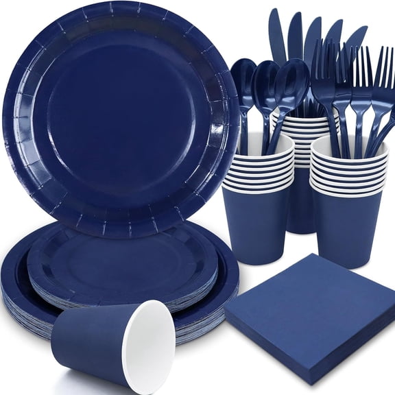 168Pcs Navy Blue Party Supplies for Navy Blue Party Decorations includes Paper Plates and Napkins Cups Utensils,Blue Disposable Plates Set for Boy Baptism Birthday Graduation Serve 24 Guests