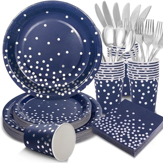 168Pcs Navy Blue Plates and Napkins Party Supplies, Navy Blue Paper Plates Serve 24, blue and Silver Party Decorations, for Fathers Day, Graduation, 4th of July, Hanukkah Party