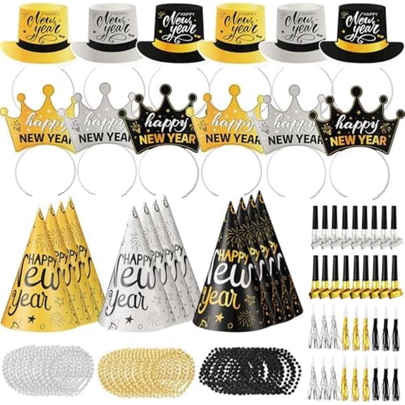 168Pcs New Years Eve Party Supplies for 48 Guest Black Gold Wearables Noisemakers 2026 Happy New Year Party Decoration include Cone Hats Tiaras Tassel Squawkers Beaded Necklace Great Party Favors