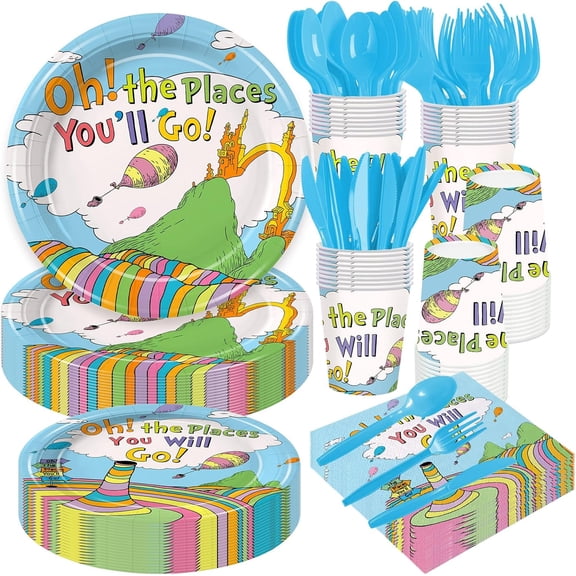 168Pcs Oh the Places You'll Go Party Decoration Kindergarten Graduation Party Tableware Sets Paper Plates Napkins Cups Spoons Knives Forks for 24 Guests