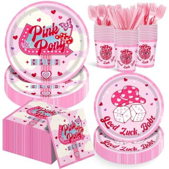 168Pcs Pink Pony Club Disposable Tableware Set Include Pink Paper Plates, Cups, Napkins, Forks, Knives, Spoons - Disco Cowgirl & Bachelorette Party Decorations, Serve 24$$Home Decor, Kitchen, & Other