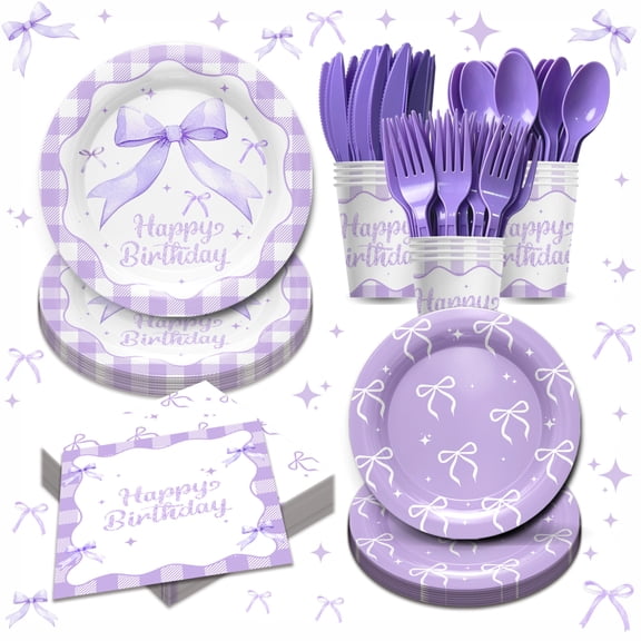 168PCS Purple Bow Birthday Party Supplies, Coquette Tableware Set with Plates, Napkins, Cups and Cutlery, Girls' Birthday, Baby Shower, Serves 24