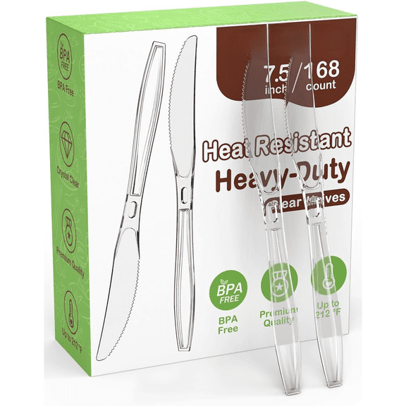 168pc 7.5" Clear Plastic Knives Heavy Duty Upgraded Heat Resistant & BPA Free, Solid and Durable Plastic Cutlery, Premium Disposable Knives, for Party Supply