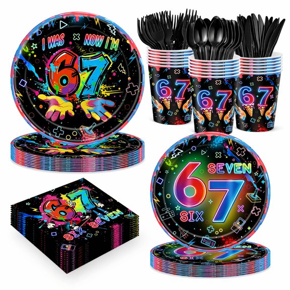 168pcs 6 7 Meme Birthday Party Supplies, Disposable Paper Tableware Set with Plates, Napkins, Cups and Utensils, Neon Decorations for Kids (Blacklight Neon) VT1