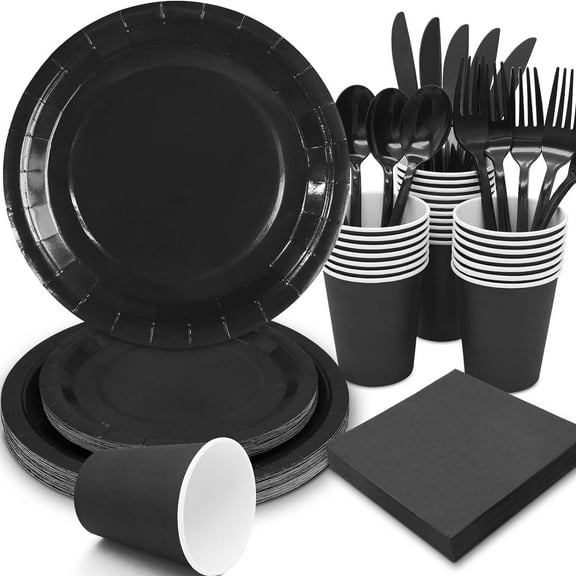 168pcs Black Paper Plates and Napkins for Halloween Birthday Anniversary Decorations, Black Plates Disposable Dinnerware Sets for Party Supplies and Party Decorations Serves 24