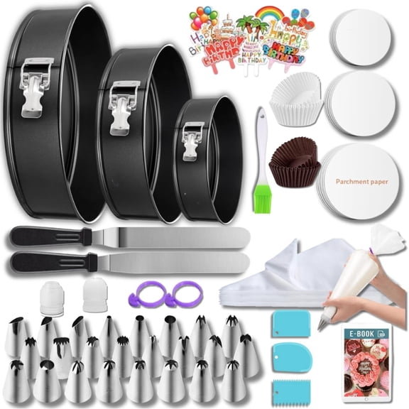 168pcs Cake Pan Sets for Baking + Cake Decorating Supplies: 3 Non-Stick Springform Pans Set (6, 8, 10 inches), Icing Tips Multi-functional Leak-Proof CheeseCake Pan