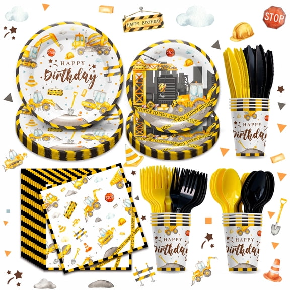 168pcs Construction Truck Birthday Party Supplies, Gathering Tractor Dump Truck Tableware Set with Paper Plates, Cups and Napkins, Knives, Forks, Spoons for 1st Birthday, 24 Guests, Yellow