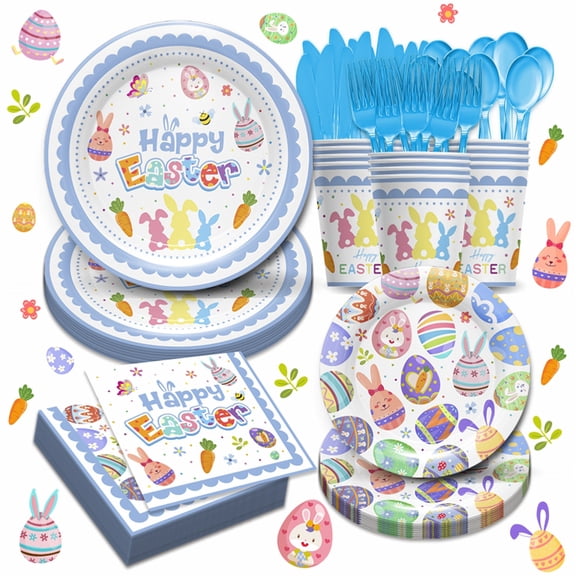 168pcs Easter Day Tableware Set Party Supplies - Colorful Eggs Pattern Plates, Cups, Napkins, Forks, Spoons, Knives for Spring Celebrations Picnic Favors, Serve 24