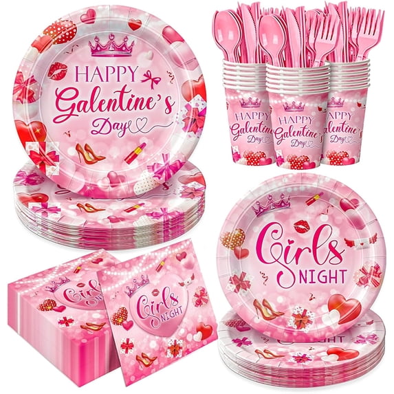 168pcs Galentines Day Plates Napkins Party Supplies Girls Night Party Tableware Set Disposable Paper Cups Pink Forks Galentine’s Day Party Decorations for Women Ladies Favors Serve 24 