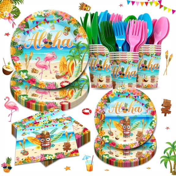 168pcs Hawaiian Aloha Party Decorations Supplies, Luau Tropical Birthday Party Plates, Summer Beach Holiday Party Paper Plates, Napkins, Cups,Tableware Set, Serves 24