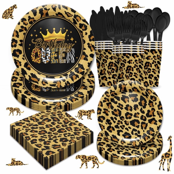 168pcs Leopard Print Party Supplies, Cheetah Print Party Tableware Set  Leopard  Plates Napkins Cups Cutlery for Wild Animal Leopard Theme Birthday Party Decorations