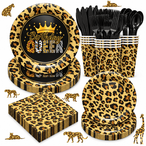 168pcs Leopard Print Party Supplies, Cheetah Print Party Tableware Set Leopard Plates Napkins Cups Cutlery for Wild Animal Leopard Theme Birthday Party Decorations