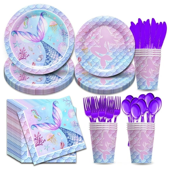 168pcs Mermaid Birthday Party Kit - Disposable Tableware Set for Girls(9/7 Inch Plates, Cups, Forks, Spoons，Knives，Napkins) - Themed Underwater Decorations for Baby Showers & Pool Parties - Serves 24