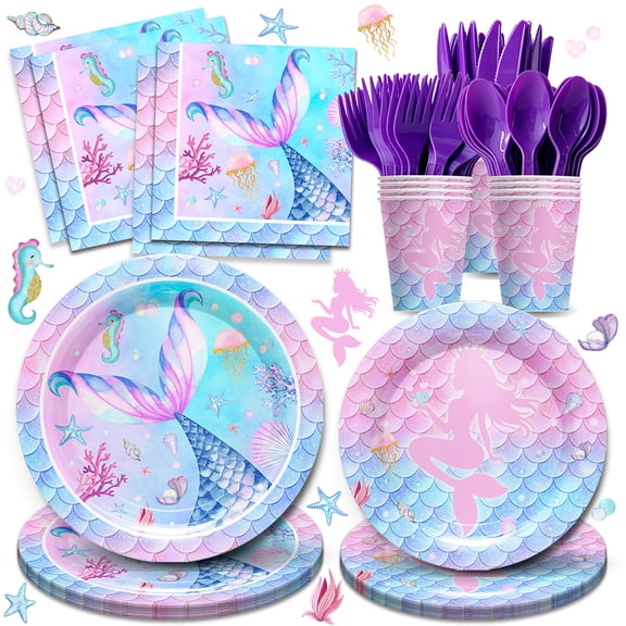 168PCS Mermaid Birthday Party Kit - Disposable Tableware Set for Girls, 9/7 inch Plates, Cups, Forks, Spoons, Knives, Napkins - Baby Showers & Pool Parties - Serves 24, Blue