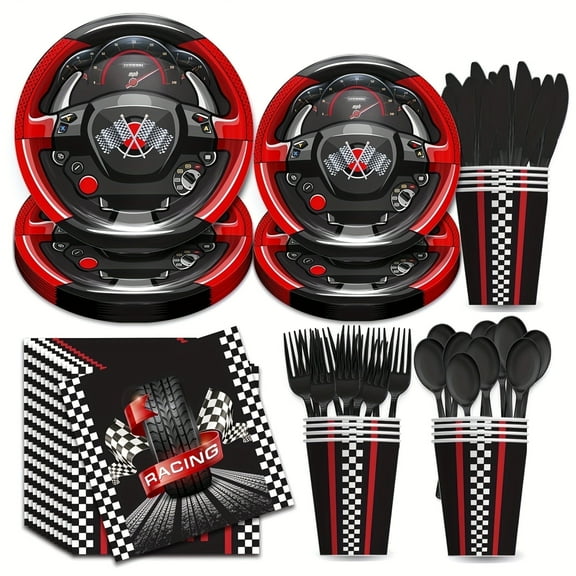 168pcs Racing Party Supplies Kit - Disposable Themed Tableware Set for Boys Birthday(9/7 Inch Plates, Cups, Forks, Spoons,Knives,Napkins)- Race Car Party Decorations - Serves 24 Guests