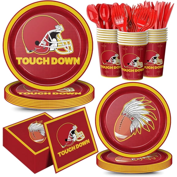 168pcs Red Football Party Supplies Touch Down Plates Napkins American Rugby Tableware Set Disposable Paper Cups Red knives Forks and Spoons Football Birthday Party Decorations Serves 24