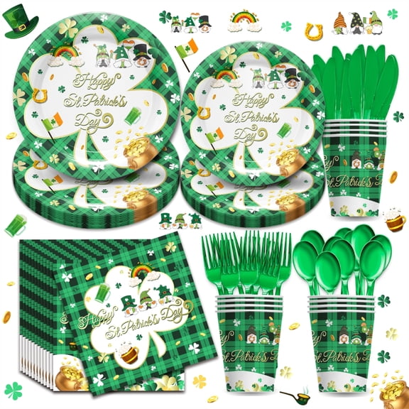 168pcs St Patricks Day Party Supplies - Irish Themed Tableware with Lucky Green Shamrock Plates, Cups, Napkins, Cutlery for 24 Guests