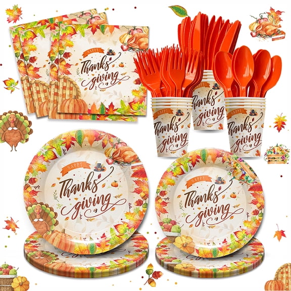 168pcs Thanksgiving Party Supplies Tableware - Happy Thanksgiving Turkey Party Decorations Include Plates, Napkins, Cups, Cutlery, Maple Leaf Fall Autumn Supplies | Serves 24