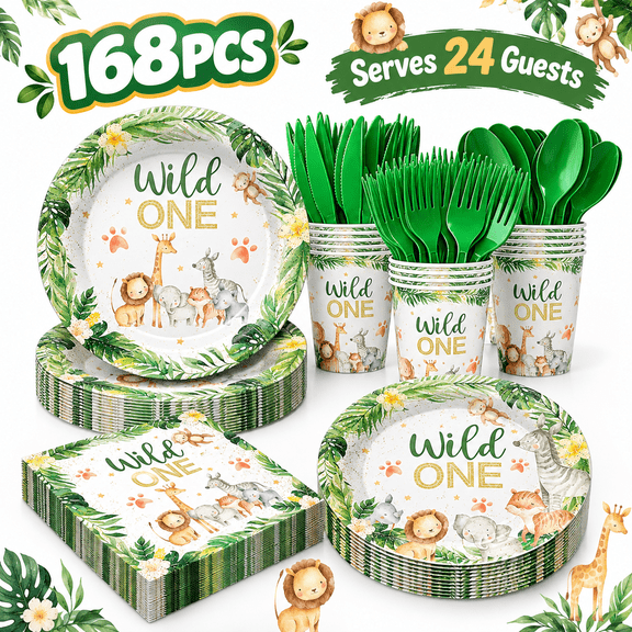 168PCS Wild One Birthday Party Supplies, Safari Jungle Tableware Set with Plates, Cups, Napkins & Cutlery, Animal Theme, Serves 24, Green