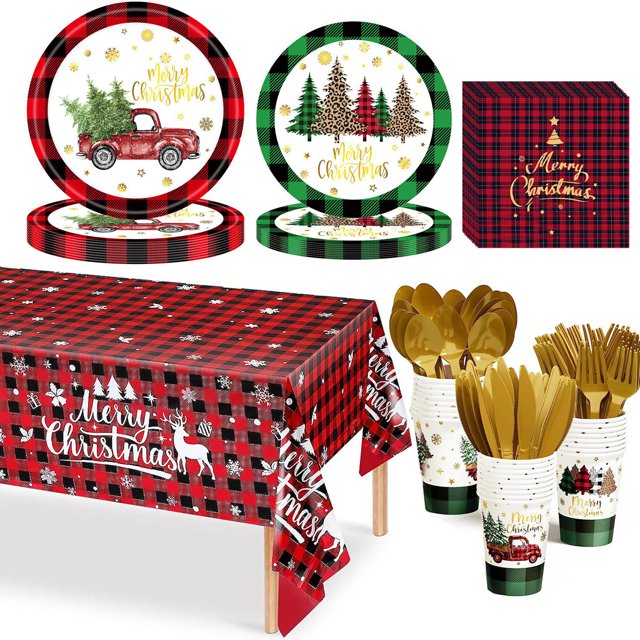 169 Pcs Christmas Paper Plates and Napkins Sets Serves 24 Disposable