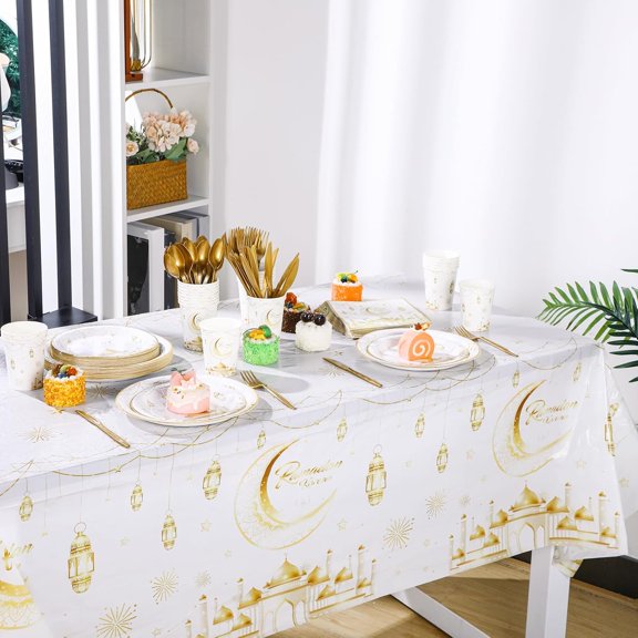 169 Pcs Eid Mubarak Party Supplies, Ramadan Mubarak Tableware Set Includes1 Eid Mubarak Tablecloth and Paper Plates, Cups, Napkins, Plastic Cutlery for 24 Guests (White)$$