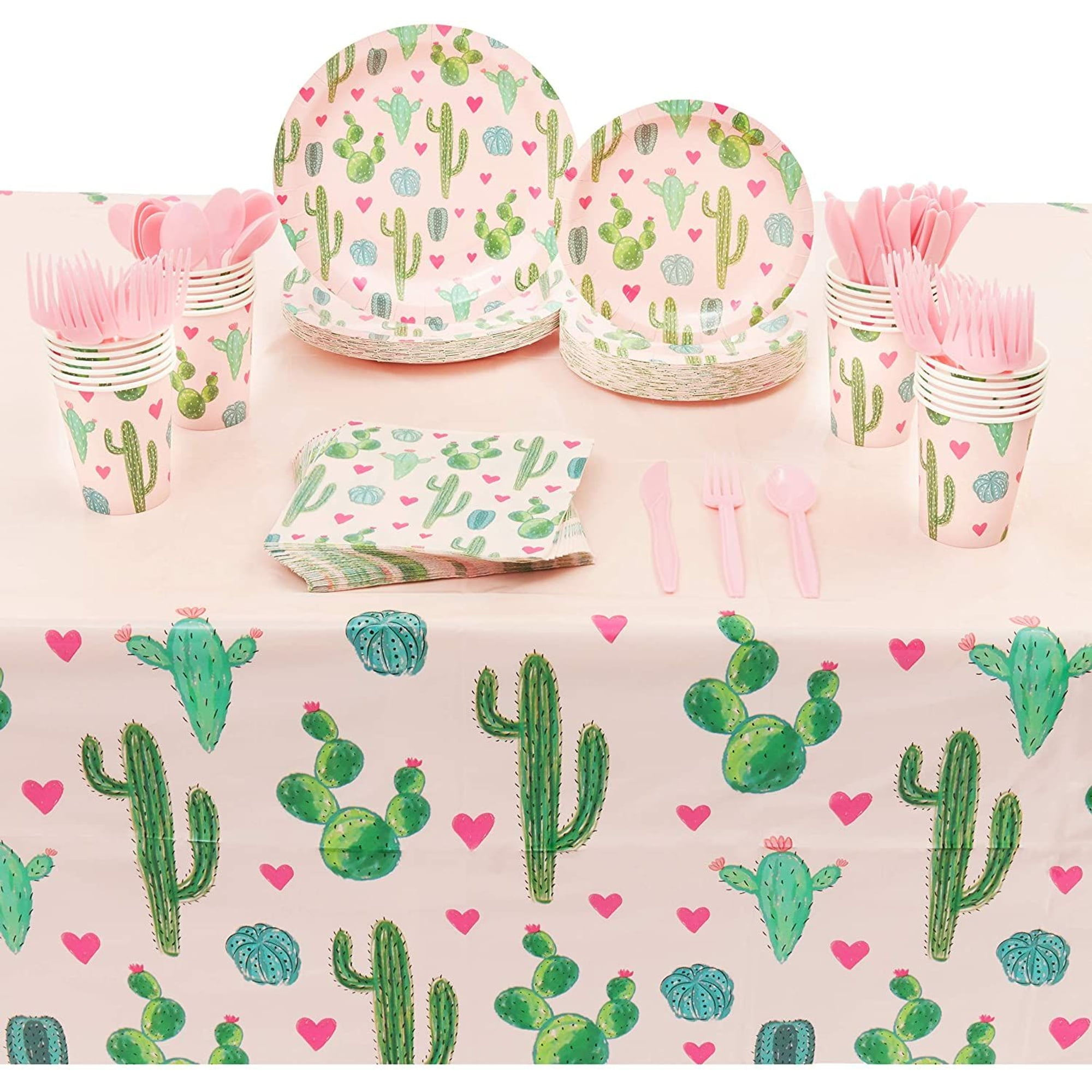 Sparkle and Bash 169 Pieces Birthday Party Decorations with Cactus and Succulent Designs, Dinnerware Including Plates, Napkins, Cups, Cutlery and Tablecloth (Serves 24)