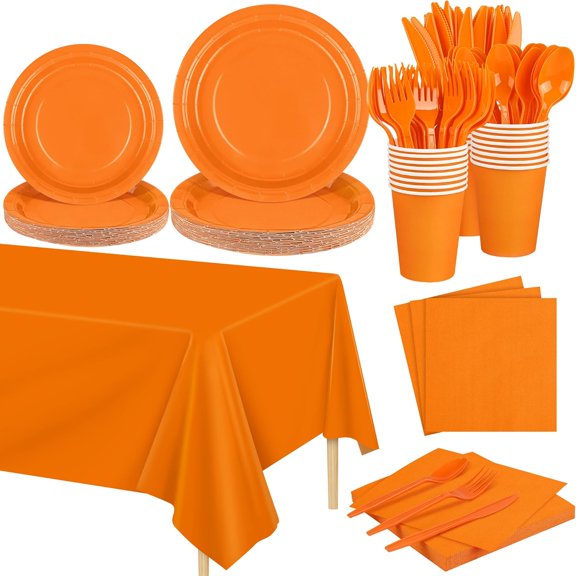 169 Pieces Orange Party Supplies Disposable Dinnerware Set Include Plates and Cups Napkins Plastic Forks Knives Spoons Tablecloth for Wedding Birthday Party Decorations, Serve 24 Guests