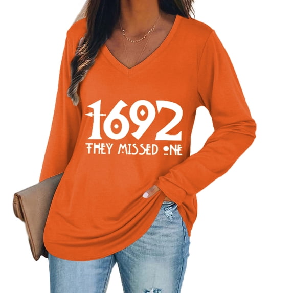 1692 They Missed One Shirt Vintage Witch Print Long Sleeve Sweatshirt Halloween Casual V-Neck Tee Pullover Tops