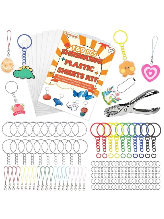169PCS Shrink Dink Sheets Keychain Kit, Shrink Plastic Sheets with 8 PCS 7.9"x5.7" Shrinking Film Art Paper, Colorful Key Rings & Jump Rings, Ball Chains, Hole Punch for DIY Crafts, Kids & Adults
