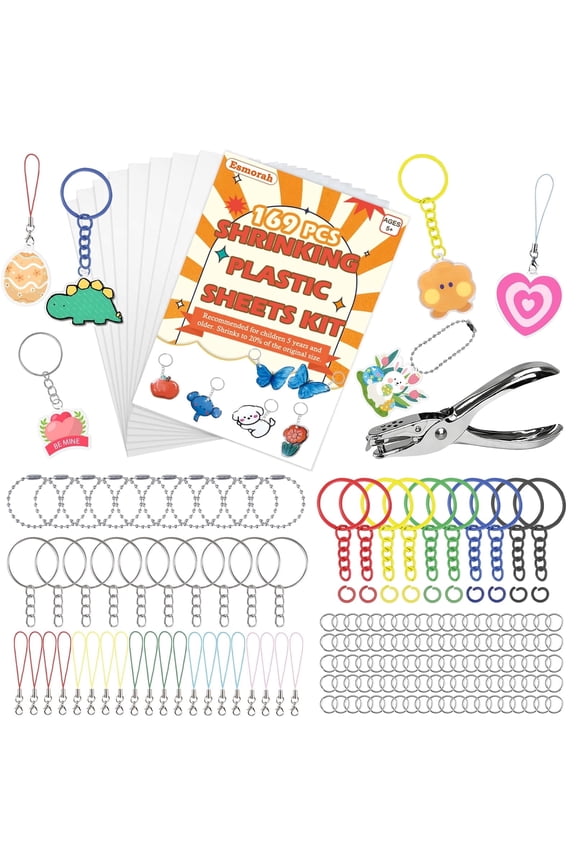 169PCS Shrink Dink Sheets Keychain Kit, Shrink Plastic Sheets with 8 PCS 7.9"x5.7" Shrinking Film Art Paper, Colorful Key Rings & Jump Rings, Ball Chains, Hole Punch for DIY Crafts, Kids & Adults