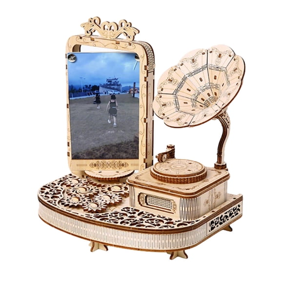 169PCS Wooden Gramophone Photo Frame Model Kit, 3D Puzzle Assembly Set With LED Light Display Decor For Hobbyists