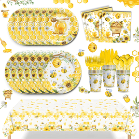 169Pcs Bumble Bee Party Supplies Set, Bee Themed Disposable Plates Napkins Cups Cutlery & 54108 Inch Tablecloth, Complete Bee Table Decor Kit for Birthday Parties Baby Showers