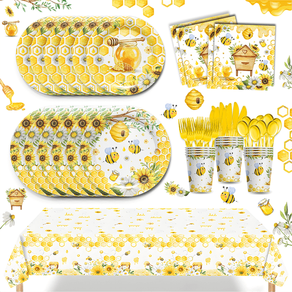 169Pcs Bumble Bee Party Supplies Set, Bee Themed Disposable Plates Napkins Cups Cutlery & 54108 Inch Tablecloth, Complete Bee Table Decor Kit for Birthday Parties Baby Showers