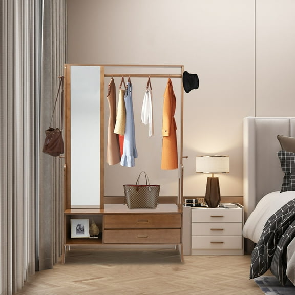 169cm Bamboo Hall Tree Storage Stand with Mirror Home Entryway Bench Coat Rack Brown