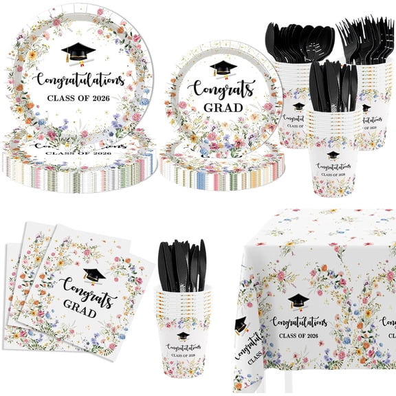 169pcs Wildflower Graduation Disposable Plates Napkins Cups Tablecloth Set Floral Congrats Grad Disposable Tableware Set for 24 for Class of 2026 Graduation Decorations