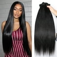 thumbnail image 1 of 16A Human Hair Bundles Straight 34 36 38 Inch 100% Unprocessed Raw Brazilian Human Hair Double Weft Extensions Straight Weave 3 Bundles Remy Virgin Hair Bundles Deals Natural Black Color, 1 of 6