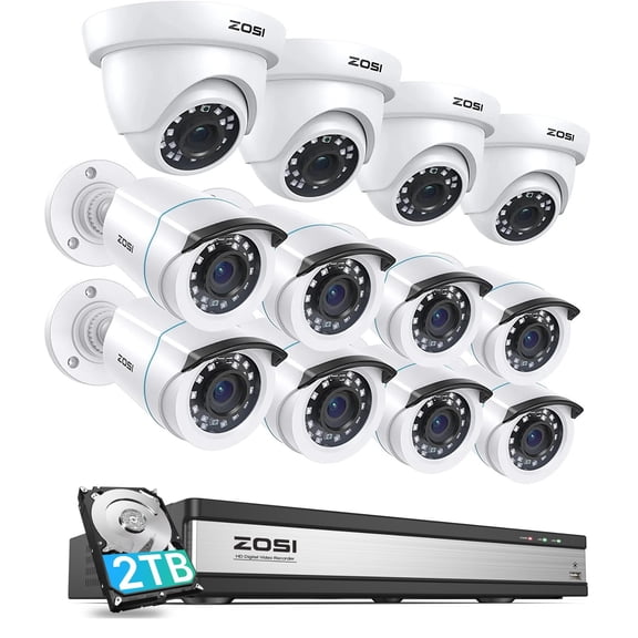 ZOSI 16CH 3K Lite Security Camera System with 12PCS 1080P Outdoor Surveillance Cameras ,AI Human/Vehicle Detection,80ft Night Vision,Remote Access,H.265+ 16 Channel 5MP Lite HD-TVI DVR with 2TB HDD