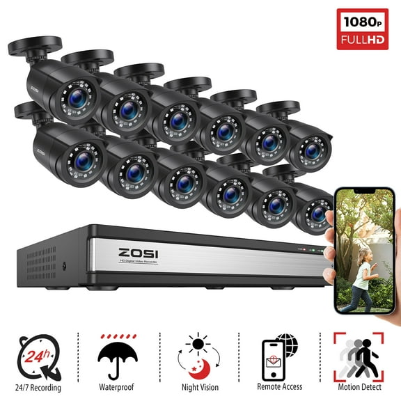 3K Lite Security Camera System with AI Detection, ZOSI H.265+ 16CH Security Camera System, 12PCS 2MP Outdoor Security Camera, IP66 Waterproof, 80ft IR Night Vision, Remote Access, NO HDD