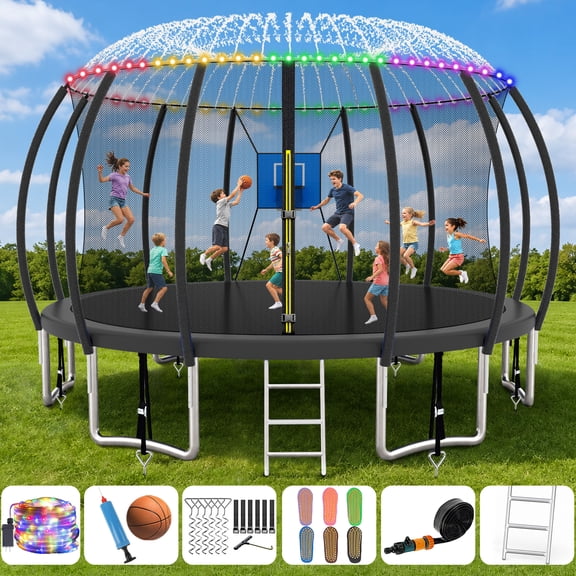 16FT 2000LBS Pumpkin Trampoline Heavy-Duty Yard for Kids & Adults with Safety Enclosure Basketball Hoop LED Light Sprinkler Ladder Anchors