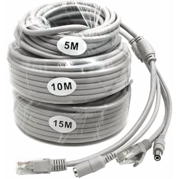 16FT/5M Ethernet CCTV , 5 RJ45 + 2.1x5.5mm DC Power Cord, for CCTV Camera System IP Camera NVR System Grey - (1Pcs)