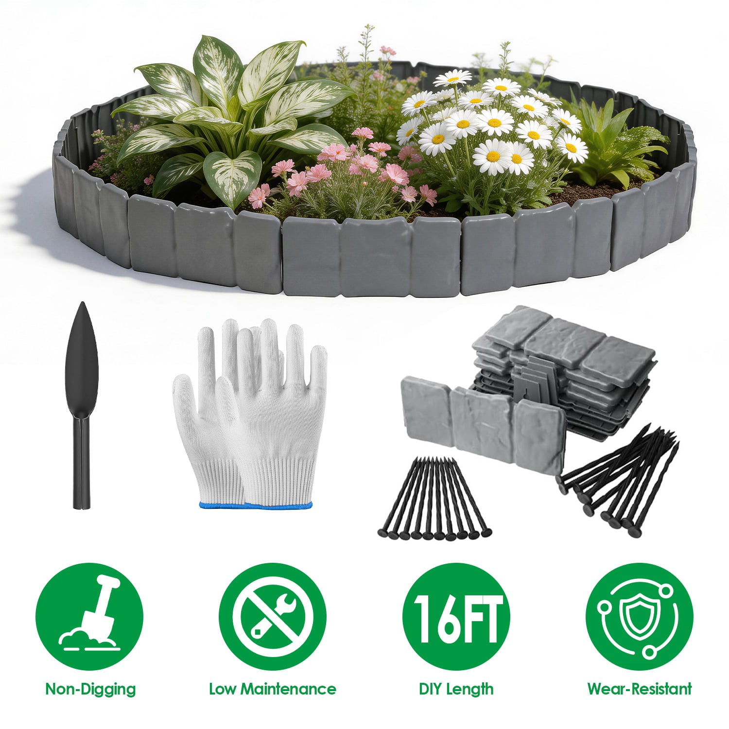 16FT Grey Cobblestone PVC Landscape Edging Kit, Flexible Interlocking Garden Border with Spikes, Steel Shovel & Gloves for Lawn Flower Bed Pathway