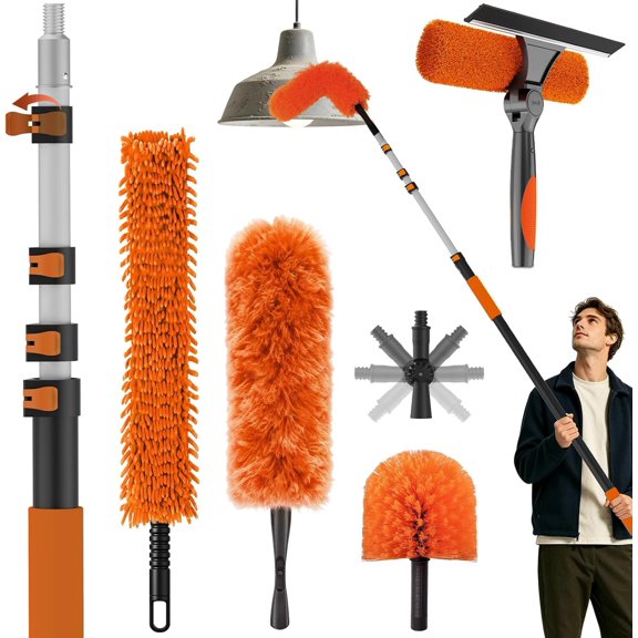 16FT  High Ceiling Duster Kits with 3-12FT Adjustable Pole - Includes Extra Long Duster, High Ceiling Duster, Rotatable Window  & Cobweb Duster for Ceiling Fans and Whole House Cleaning